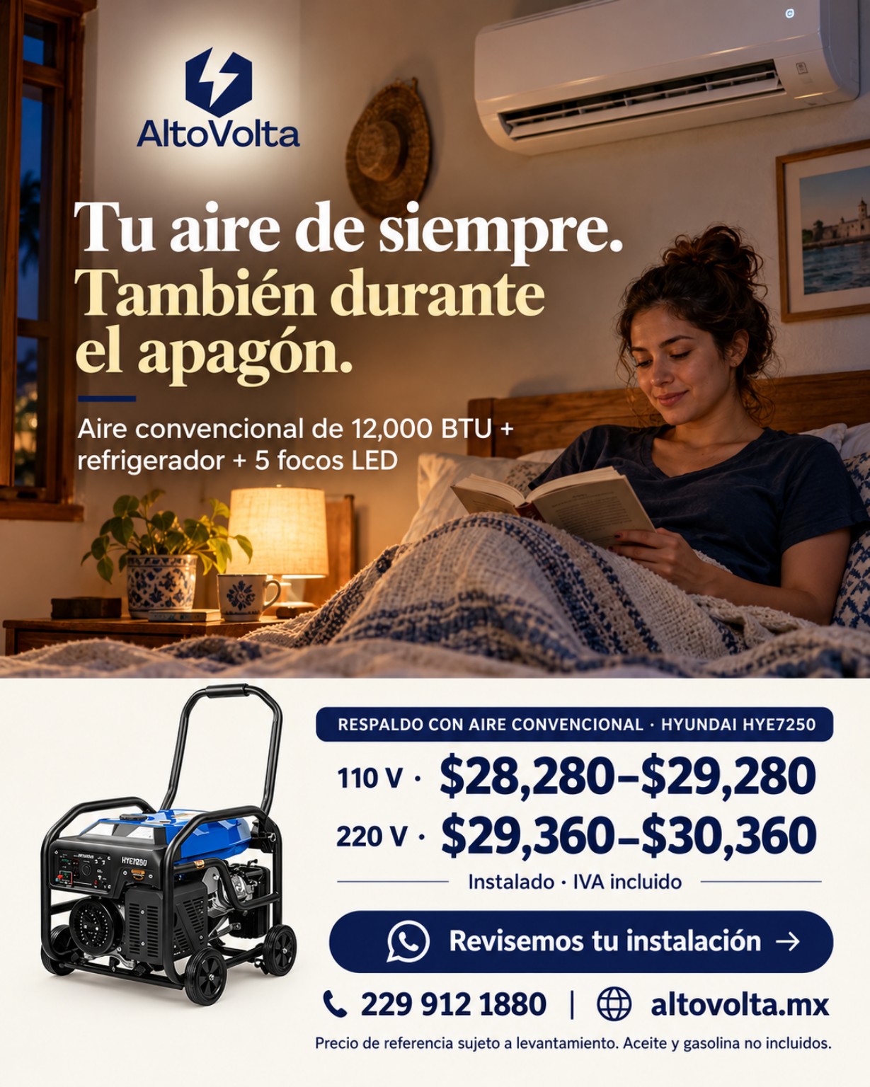 Solución AltoVolta con generador Hyundai HYE7250 para aire acondicionado convencional